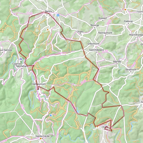 Miniatuurkaart van de fietsinspiratie "Verken de natuur op gravelwegen" in Prov. Luxembourg (BE), Belgium. Gemaakt door de Tarmacs.app fietsrouteplanner