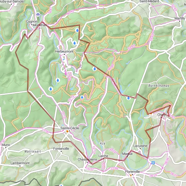 Map miniature of "Chassepierre Gravel Explorer" cycling inspiration in Prov. Luxembourg (BE), Belgium. Generated by Tarmacs.app cycling route planner