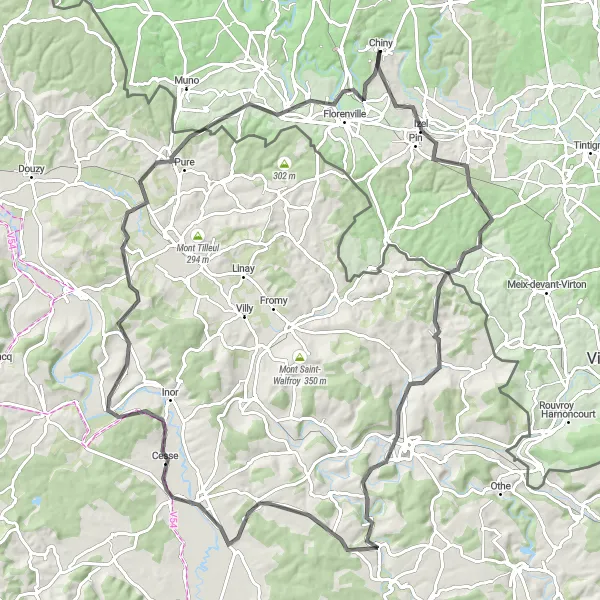Map miniature of "Juvigny Challenge" cycling inspiration in Prov. Luxembourg (BE), Belgium. Generated by Tarmacs.app cycling route planner