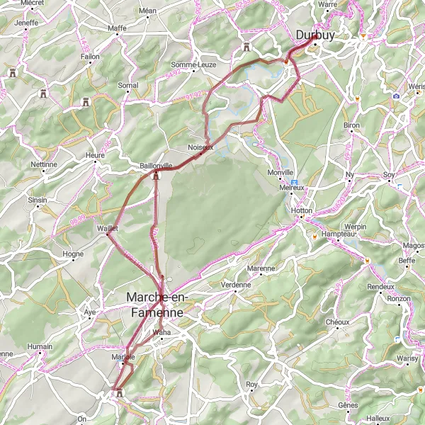 Map miniature of "The Hidden Gems of Waillet and Baillonville" cycling inspiration in Prov. Luxembourg (BE), Belgium. Generated by Tarmacs.app cycling route planner