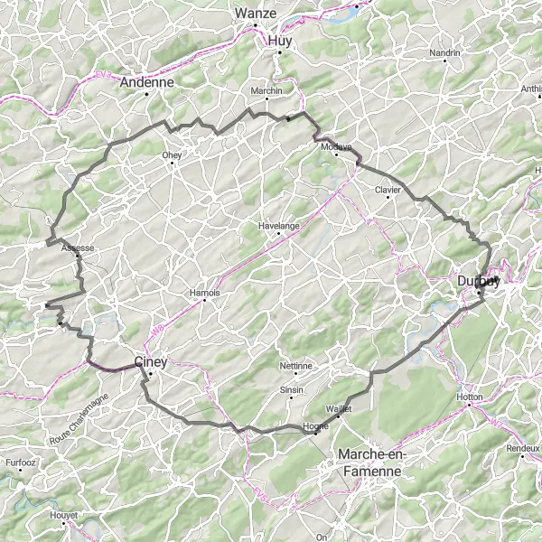 Map miniature of "The Challenging Route with Historic Marvels" cycling inspiration in Prov. Luxembourg (BE), Belgium. Generated by Tarmacs.app cycling route planner