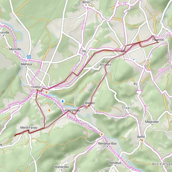 Miniatuurkaart van de fietsinspiratie "Gravel route van Érezée naar Soy en Ny" in Prov. Luxembourg (BE), Belgium. Gemaakt door de Tarmacs.app fietsrouteplanner