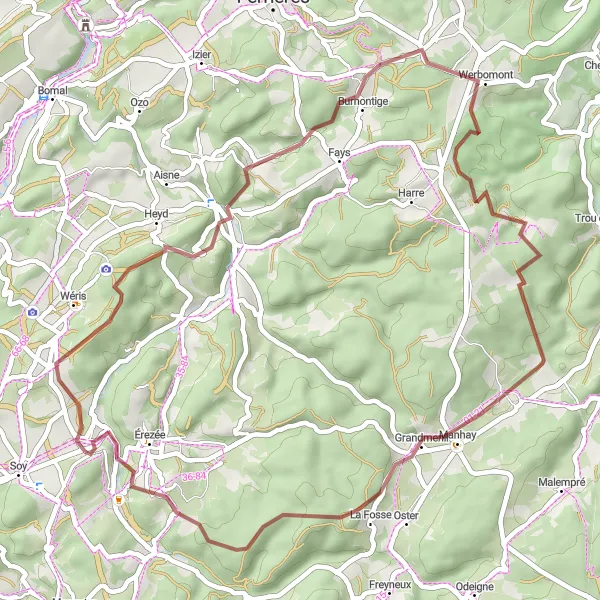 Miniatuurkaart van de fietsinspiratie "Avontuurlijke graveltocht van Fisenne naar Hazeilles" in Prov. Luxembourg (BE), Belgium. Gemaakt door de Tarmacs.app fietsrouteplanner