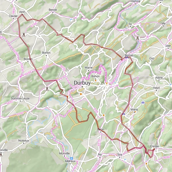 Map miniature of "Discover the Gravel Paths near Érezée" cycling inspiration in Prov. Luxembourg (BE), Belgium. Generated by Tarmacs.app cycling route planner