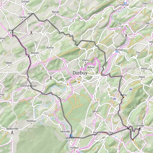 Miniature de la carte de l'inspiration cycliste "Parcours cycliste sur route à Soy et Chardeneux" dans la Prov. Luxembourg (BE), Belgium. Générée par le planificateur d'itinéraire cycliste Tarmacs.app