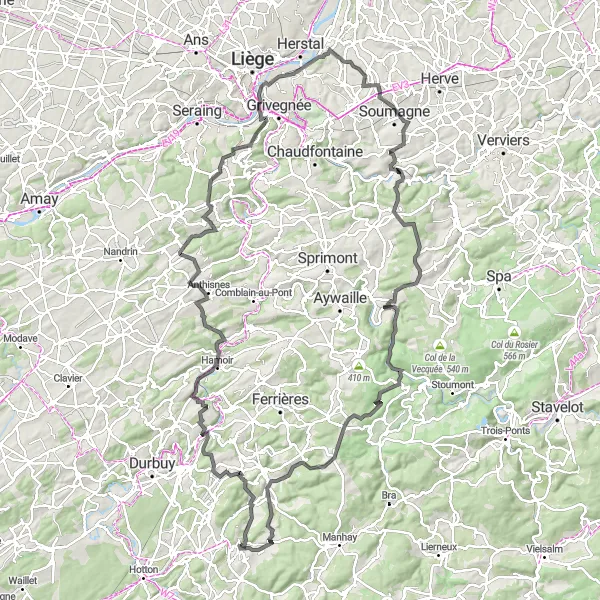 Miniature de la carte de l'inspiration cycliste "Excursion en vélo de route à travers la région" dans la Prov. Luxembourg (BE), Belgium. Générée par le planificateur d'itinéraire cycliste Tarmacs.app
