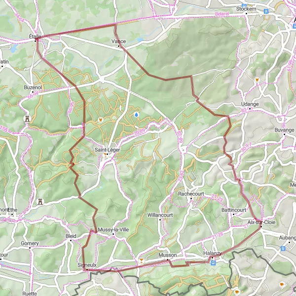 Map miniature of "Étalle - Signeulx Gravel Route" cycling inspiration in Prov. Luxembourg (BE), Belgium. Generated by Tarmacs.app cycling route planner