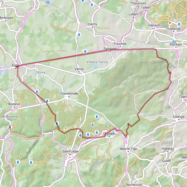 Karten-Miniaturansicht der Radinspiration "Gemütliche Gravelrunde um Étalle" in Prov. Luxembourg (BE), Belgium. Erstellt vom Tarmacs.app-Routenplaner für Radtouren