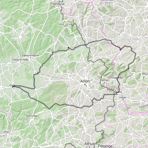 Karten-Miniaturansicht der Radinspiration "Höhen und Tiefen um Étalle" in Prov. Luxembourg (BE), Belgium. Erstellt vom Tarmacs.app-Routenplaner für Radtouren