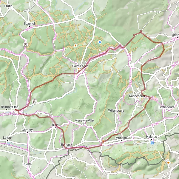 Map miniature of "The Short Gravel Spin" cycling inspiration in Prov. Luxembourg (BE), Belgium. Generated by Tarmacs.app cycling route planner