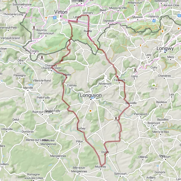 Map miniature of "The Gravel Adventure: Fresnois-la-Montagne Excursion" cycling inspiration in Prov. Luxembourg (BE), Belgium. Generated by Tarmacs.app cycling route planner