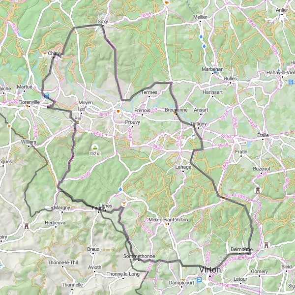 Map miniature of "The Villers-la-Loue Adventure" cycling inspiration in Prov. Luxembourg (BE), Belgium. Generated by Tarmacs.app cycling route planner