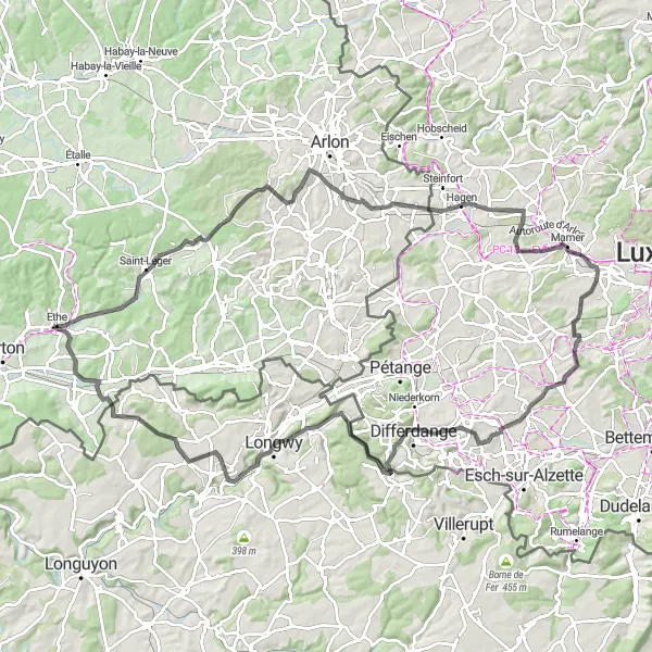 Map miniature of "The Scenic Road Adventure: Saint-Léger to Villers-la-Chèvre" cycling inspiration in Prov. Luxembourg (BE), Belgium. Generated by Tarmacs.app cycling route planner