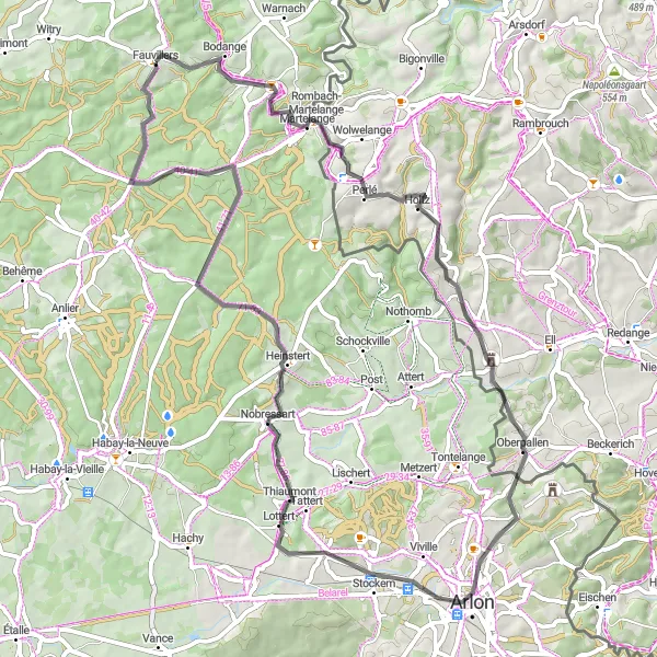 Map miniature of "Martelange to Aech, Arlon, and Nobressart Road Route" cycling inspiration in Prov. Luxembourg (BE), Belgium. Generated by Tarmacs.app cycling route planner