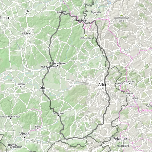 Miniatuurkaart van de fietsinspiratie "Route van Fauvillers naar Étalle en terug" in Prov. Luxembourg (BE), Belgium. Gemaakt door de Tarmacs.app fietsrouteplanner