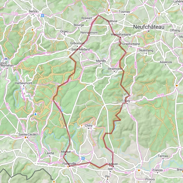 Karten-Miniaturansicht der Radinspiration "Gravel-Rundtour von Florenville nach Lacuisine und zurück" in Prov. Luxembourg (BE), Belgium. Erstellt vom Tarmacs.app-Routenplaner für Radtouren