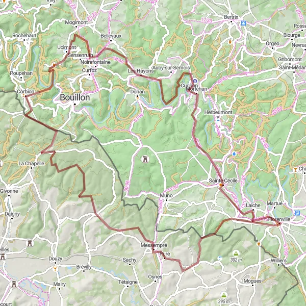 Map miniature of "Mesincourt and Noirefontaine: Gravel Cycling Adventure near Florenville" cycling inspiration in Prov. Luxembourg (BE), Belgium. Generated by Tarmacs.app cycling route planner