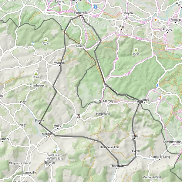 Karten-Miniaturansicht der Radinspiration "Roadtrip ab Florenville über Limes, Margut und Puilly-et-Charbeaux" in Prov. Luxembourg (BE), Belgium. Erstellt vom Tarmacs.app-Routenplaner für Radtouren