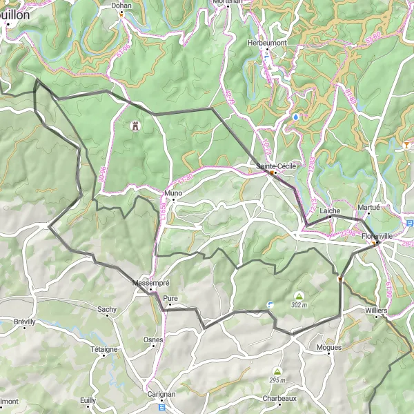 Map miniature of "Matton-et-Clémency: A Charming Road Cycling Route near Florenville" cycling inspiration in Prov. Luxembourg (BE), Belgium. Generated by Tarmacs.app cycling route planner