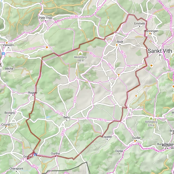 Map miniature of "Gravel Cycling Tour of Burtonville" cycling inspiration in Prov. Luxembourg (BE), Belgium. Generated by Tarmacs.app cycling route planner
