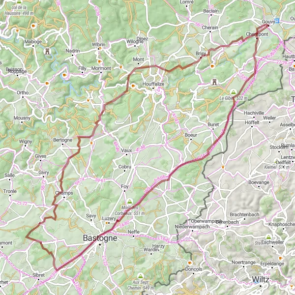 Map miniature of "Gravel Adventure Around Gouvy" cycling inspiration in Prov. Luxembourg (BE), Belgium. Generated by Tarmacs.app cycling route planner