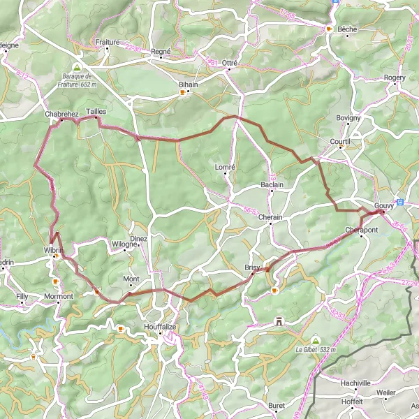 Map miniature of "Exploring Chabrehez and Achouffe by Gravel Bike" cycling inspiration in Prov. Luxembourg (BE), Belgium. Generated by Tarmacs.app cycling route planner