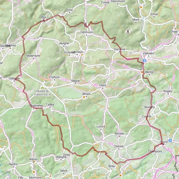 Map miniature of "Gravel Adventure through Naveau and Bovigny" cycling inspiration in Prov. Luxembourg (BE), Belgium. Generated by Tarmacs.app cycling route planner