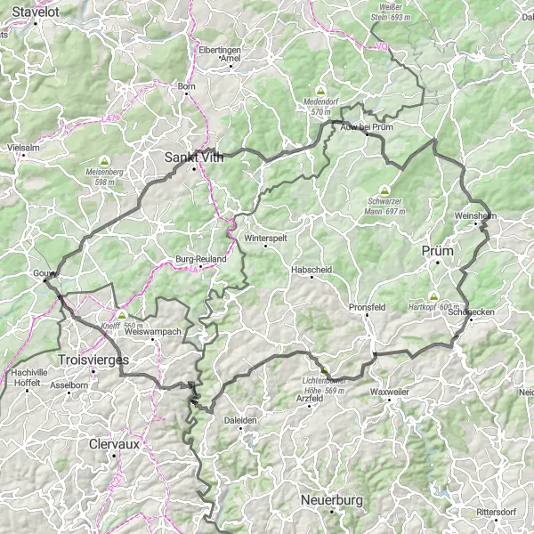 Map miniature of "Road Cycling to Binsfeld" cycling inspiration in Prov. Luxembourg (BE), Belgium. Generated by Tarmacs.app cycling route planner