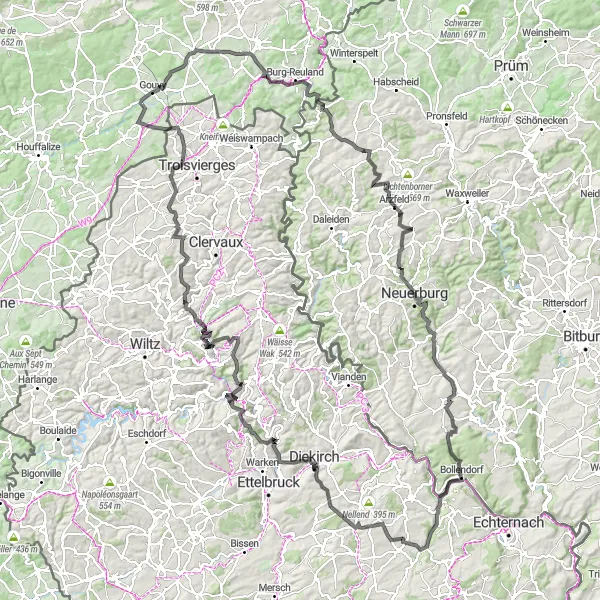 Miniature de la carte de l'inspiration cycliste "Le Défi des Collines Luxembourgeoises" dans la Prov. Luxembourg (BE), Belgium. Générée par le planificateur d'itinéraire cycliste Tarmacs.app