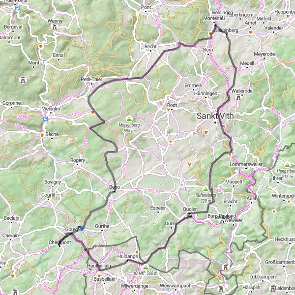 Map miniature of "Road Cycling Adventure through Gouvy and Cherapont" cycling inspiration in Prov. Luxembourg (BE), Belgium. Generated by Tarmacs.app cycling route planner