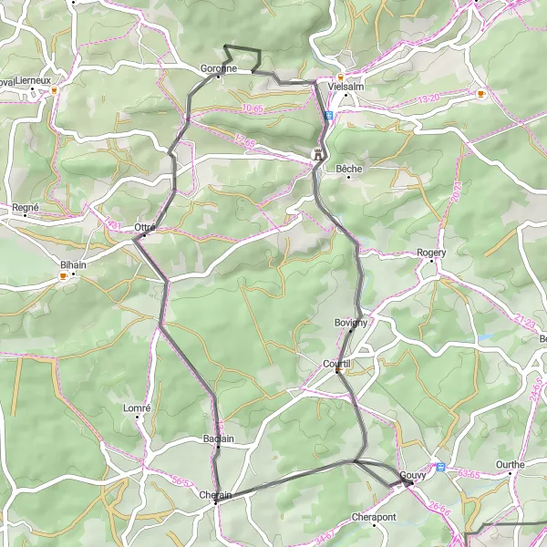 Map miniature of "Road Cycling Tour in Cherain and Bovigny" cycling inspiration in Prov. Luxembourg (BE), Belgium. Generated by Tarmacs.app cycling route planner