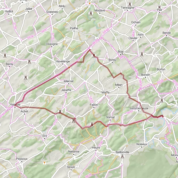 Map miniature of "Barvaux-Condroz Gravel Loop" cycling inspiration in Prov. Luxembourg (BE), Belgium. Generated by Tarmacs.app cycling route planner