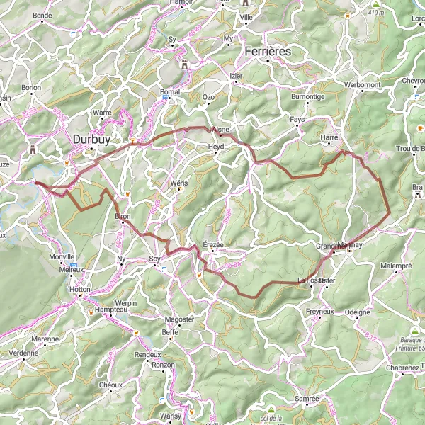 Map miniature of "Grandhan - Oppagne Gravel Route" cycling inspiration in Prov. Luxembourg (BE), Belgium. Generated by Tarmacs.app cycling route planner