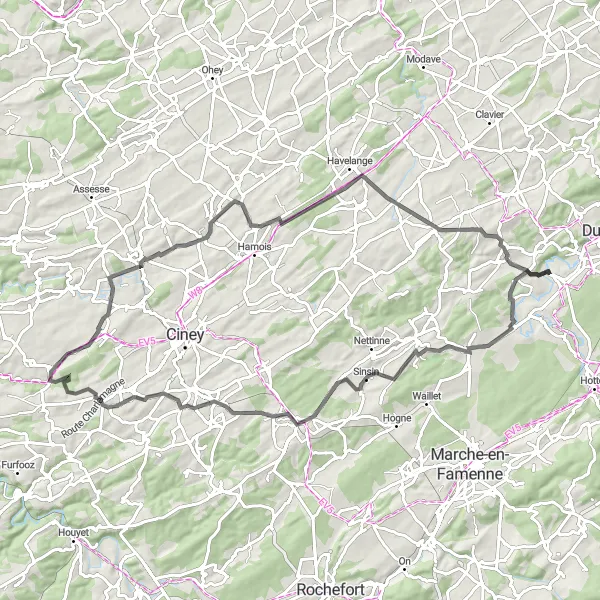 Map miniature of "Noiseux Road Challenge" cycling inspiration in Prov. Luxembourg (BE), Belgium. Generated by Tarmacs.app cycling route planner