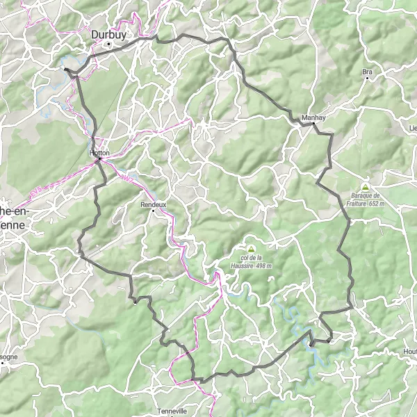 Map miniature of "Grandhan - Hotton Scenic Route" cycling inspiration in Prov. Luxembourg (BE), Belgium. Generated by Tarmacs.app cycling route planner