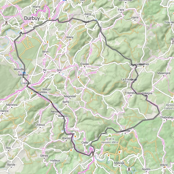 Map miniature of "Grandhan - Petit-Han Road Route" cycling inspiration in Prov. Luxembourg (BE), Belgium. Generated by Tarmacs.app cycling route planner