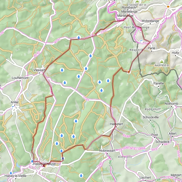 Miniatuurkaart van de fietsinspiratie "Gravelroute van Habay-la-Neuve naar Vlessart" in Prov. Luxembourg (BE), Belgium. Gemaakt door de Tarmacs.app fietsrouteplanner