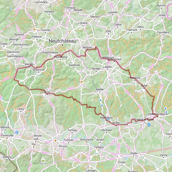 Map miniature of "Exploring Marbehan and Suxy" cycling inspiration in Prov. Luxembourg (BE), Belgium. Generated by Tarmacs.app cycling route planner