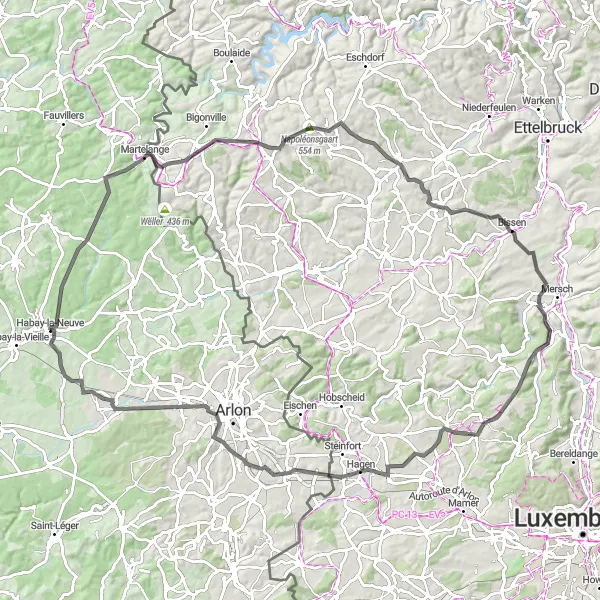 Miniature de la carte de l'inspiration cycliste "Vers les sommets luxembourgeois" dans la Prov. Luxembourg (BE), Belgium. Générée par le planificateur d'itinéraire cycliste Tarmacs.app
