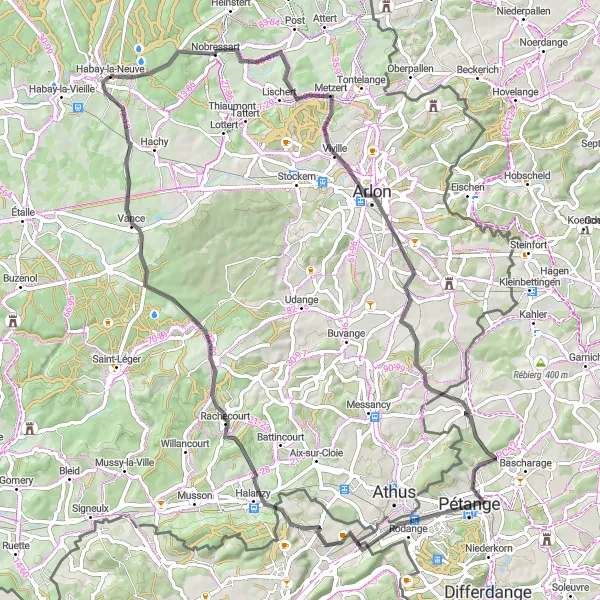 Karten-Miniaturansicht der Radinspiration "Rund um Habay-la-Neuve" in Prov. Luxembourg (BE), Belgium. Erstellt vom Tarmacs.app-Routenplaner für Radtouren