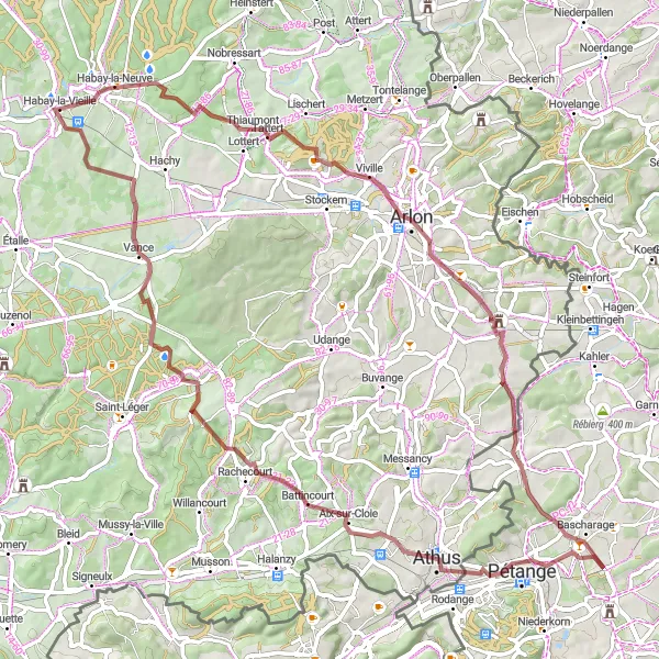 Map miniature of "Gravel Adventure: Habay-la-Neuve to Habay-la-Vieille" cycling inspiration in Prov. Luxembourg (BE), Belgium. Generated by Tarmacs.app cycling route planner