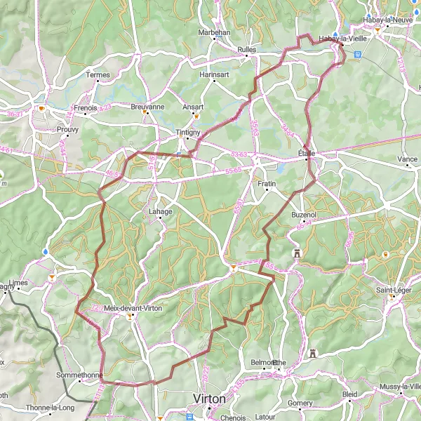 Karten-Miniaturansicht der Radinspiration "Gravel-Abenteuer von Habay-la-Vieille nach Houdemont" in Prov. Luxembourg (BE), Belgium. Erstellt vom Tarmacs.app-Routenplaner für Radtouren