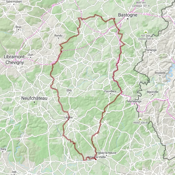 Miniature de la carte de l'inspiration cycliste "Randonnée épique de 99km autour de Habay" dans la Prov. Luxembourg (BE), Belgium. Générée par le planificateur d'itinéraire cycliste Tarmacs.app