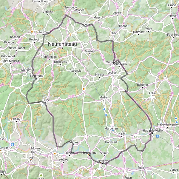 Map miniature of "Habay-la-Vieille to Mortinsart Loop" cycling inspiration in Prov. Luxembourg (BE), Belgium. Generated by Tarmacs.app cycling route planner