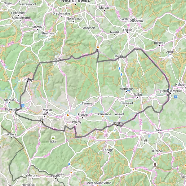 Karten-Miniaturansicht der Radinspiration "Rundfahrt von Habay-la-Vieille nach Château de la Trapperie" in Prov. Luxembourg (BE), Belgium. Erstellt vom Tarmacs.app-Routenplaner für Radtouren