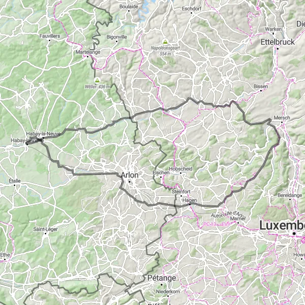 Miniature de la carte de l'inspiration cycliste "Parcours de cyclisme autour de Habay-la-Vieille" dans la Prov. Luxembourg (BE), Belgium. Générée par le planificateur d'itinéraire cycliste Tarmacs.app