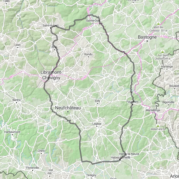 Map miniature of "Climbing Challenge: Anlier and Saint-Hubert" cycling inspiration in Prov. Luxembourg (BE), Belgium. Generated by Tarmacs.app cycling route planner