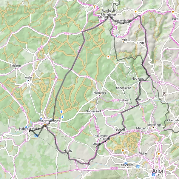 Map miniature of "Serene Road Cycling: Habay-la-Vieille to Wolwelange" cycling inspiration in Prov. Luxembourg (BE), Belgium. Generated by Tarmacs.app cycling route planner