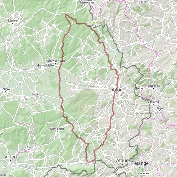 Karten-Miniaturansicht der Radinspiration "Abenteuerliche Feldweg-Tour rund um Halanzy" in Prov. Luxembourg (BE), Belgium. Erstellt vom Tarmacs.app-Routenplaner für Radtouren