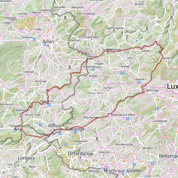 Map miniature of "The Gravel Escape" cycling inspiration in Prov. Luxembourg (BE), Belgium. Generated by Tarmacs.app cycling route planner